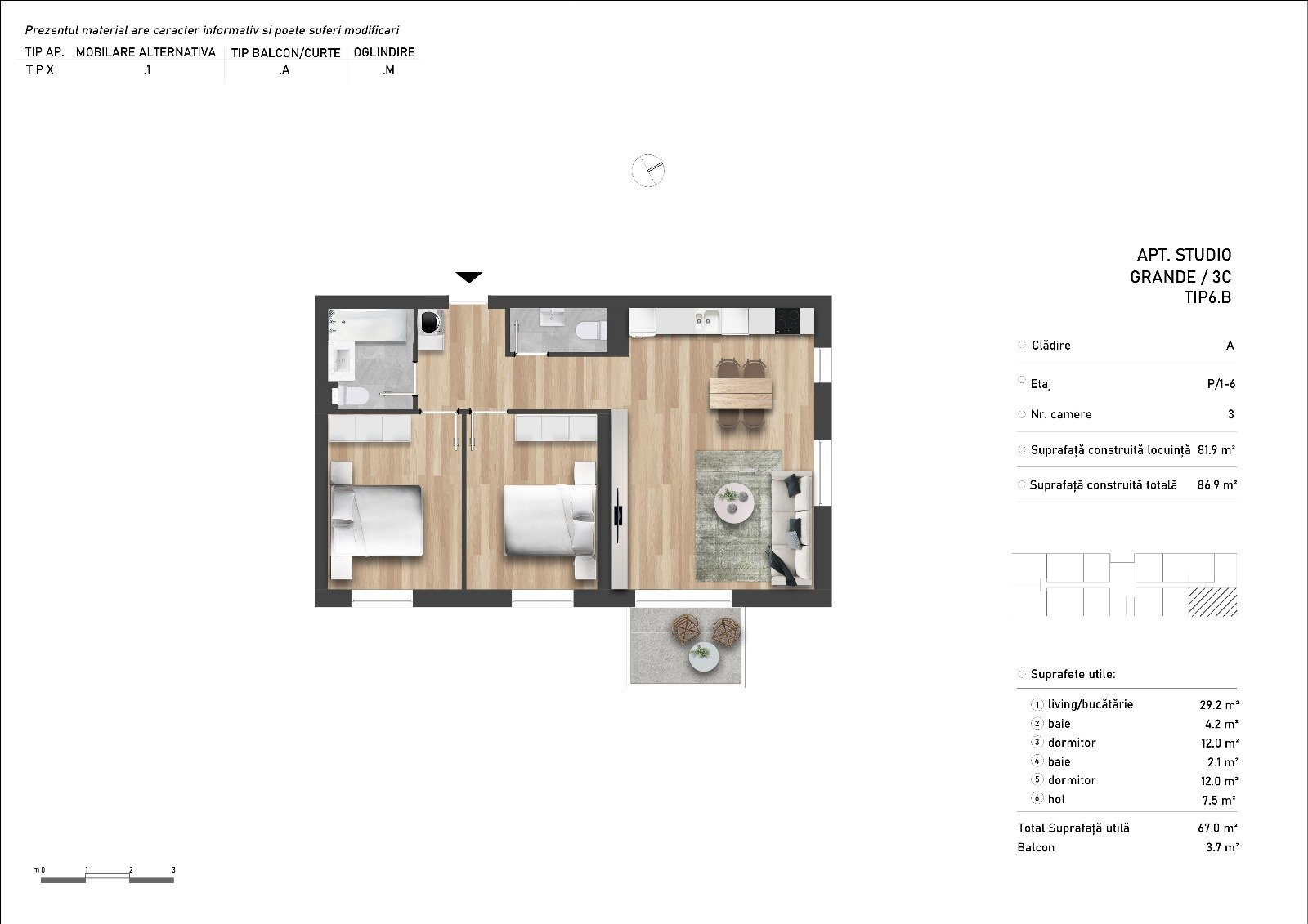 Plan apartament cu 3 camere Class Park