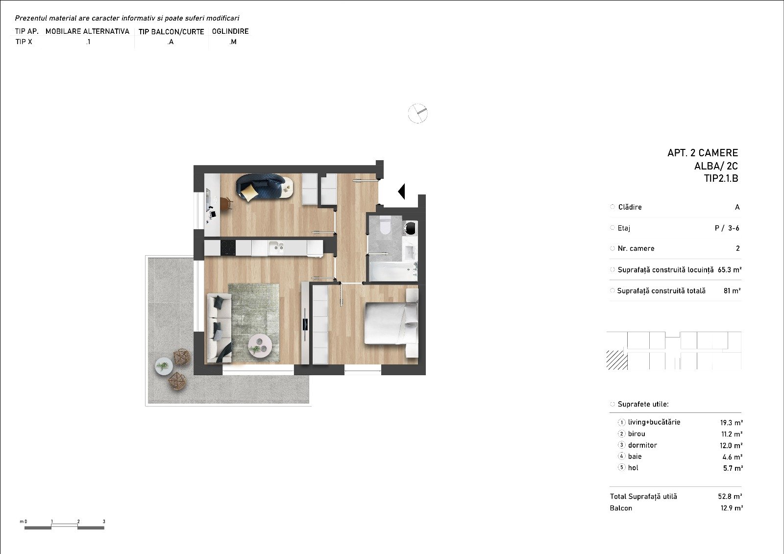 Plan apartament cu 2 camere si birou Class Park